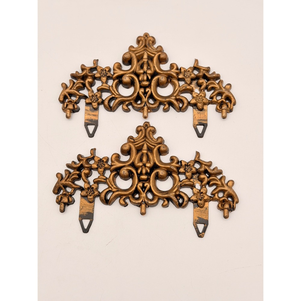 Vintage Syroco Gold Ornate Floral Scroll Wall Pediment Appliques Set of 2 MCM